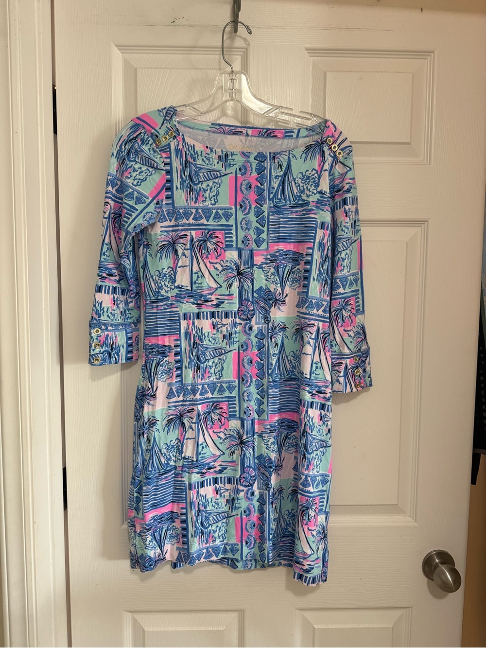 Lilly Pulitzer Sophie knit shift dress in the "Whisper Blue Yeah Buoy" print